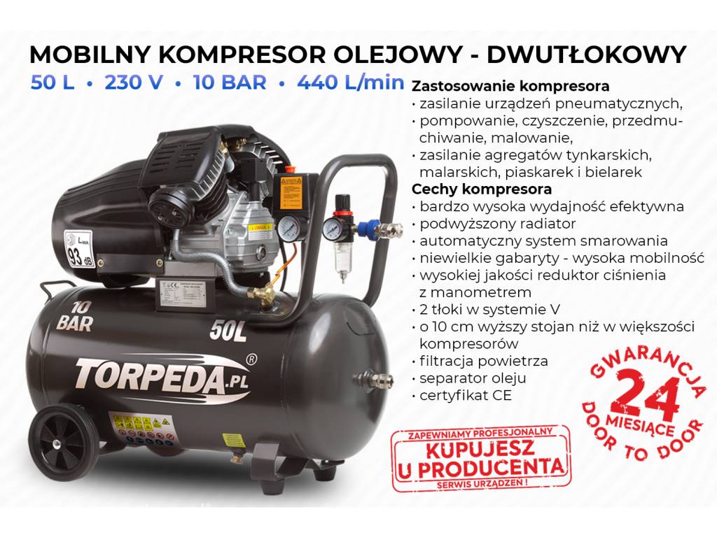 SPRĘŻARKA KOMPRESOR DWUTŁOKOWY OLEJOWY 2,2KW 50L 10BAR TORPEDA