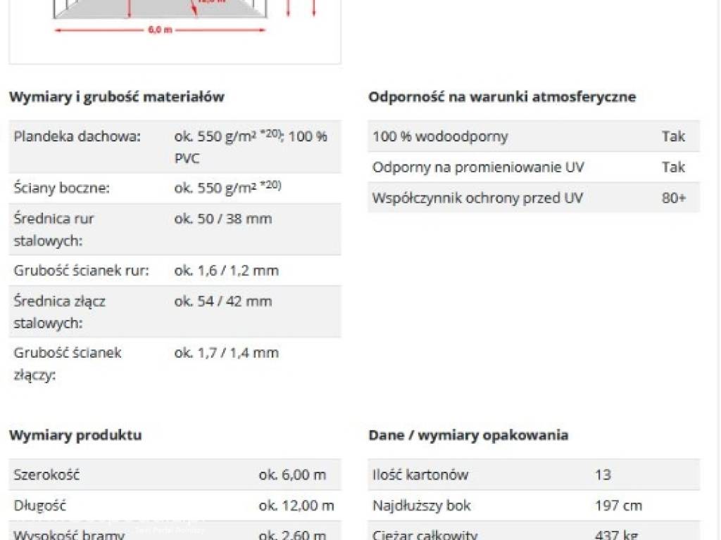 6x12m Namiot magazynowy - 2,6 m wysokość ścian bocznych, PVC biały 6