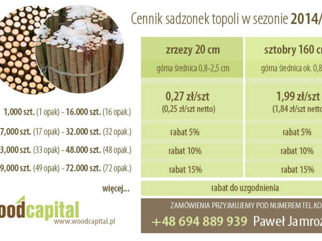 Uprawy i sadzonki topoli energetycznej (lepsze od wierzby) na drewno opałowe