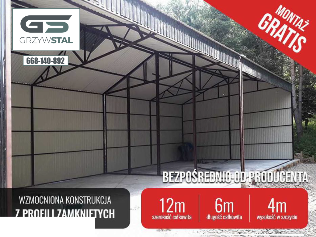 Garaż Blaszany |Wiata o wymiarach 12x6m OTWARTA | HALA - GRZYWSTAL