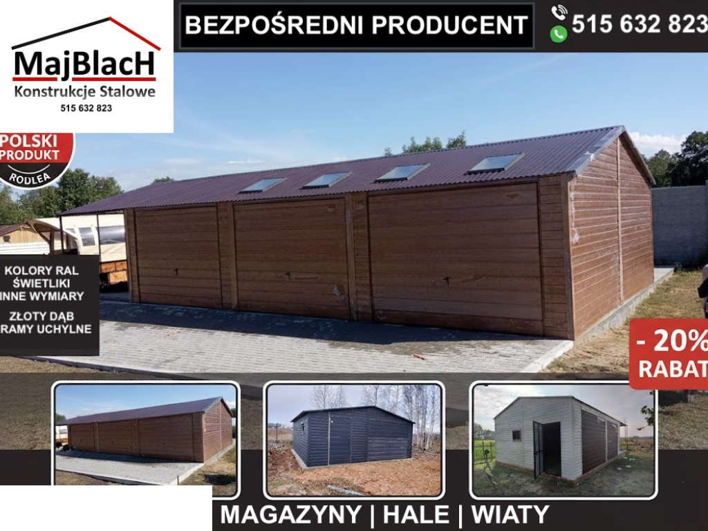 DWUSPADOWY GARAŻ BLASZANY ZŁOTY DĄB |HALA |WIATA|PRODUCNET – Maj-Blach