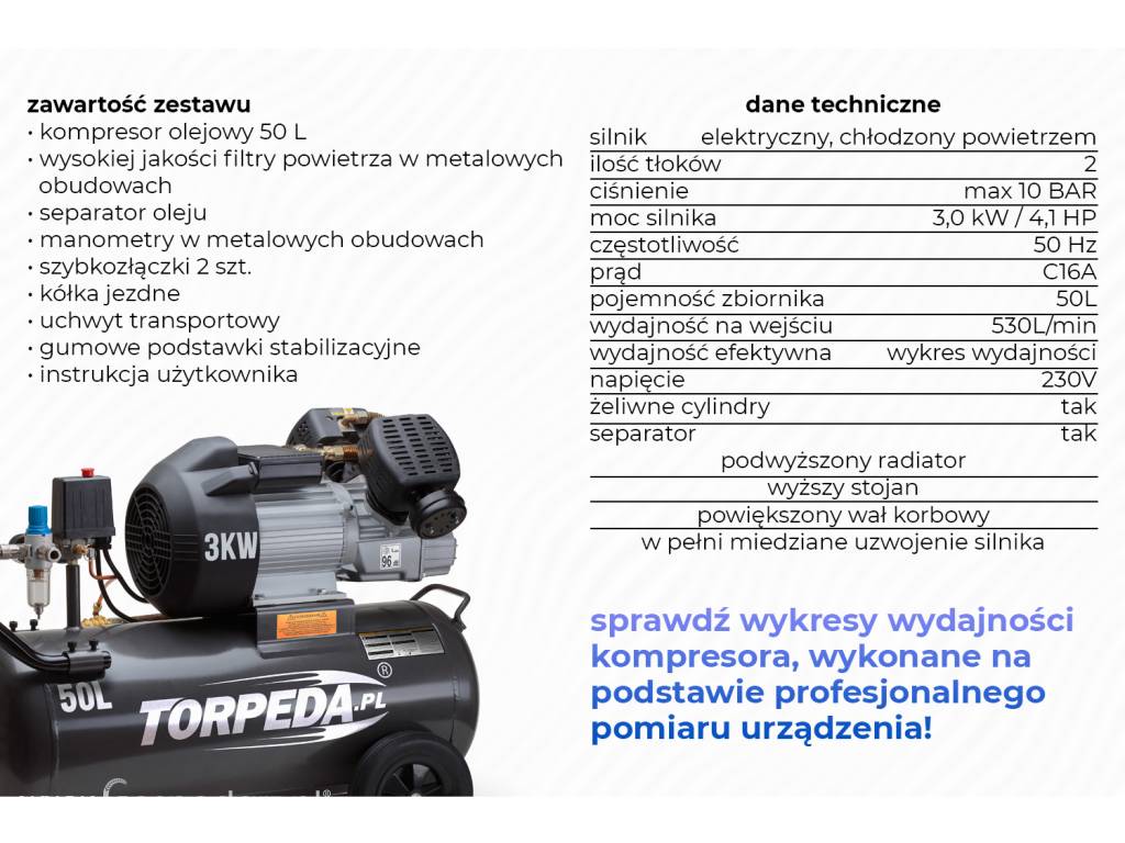 KOMPRESOR OLEJOWU DWUTŁOKOWT 3KW 50L 10BAR PRZEZNACZONY DO PRACY CIĄGŁEJ 5