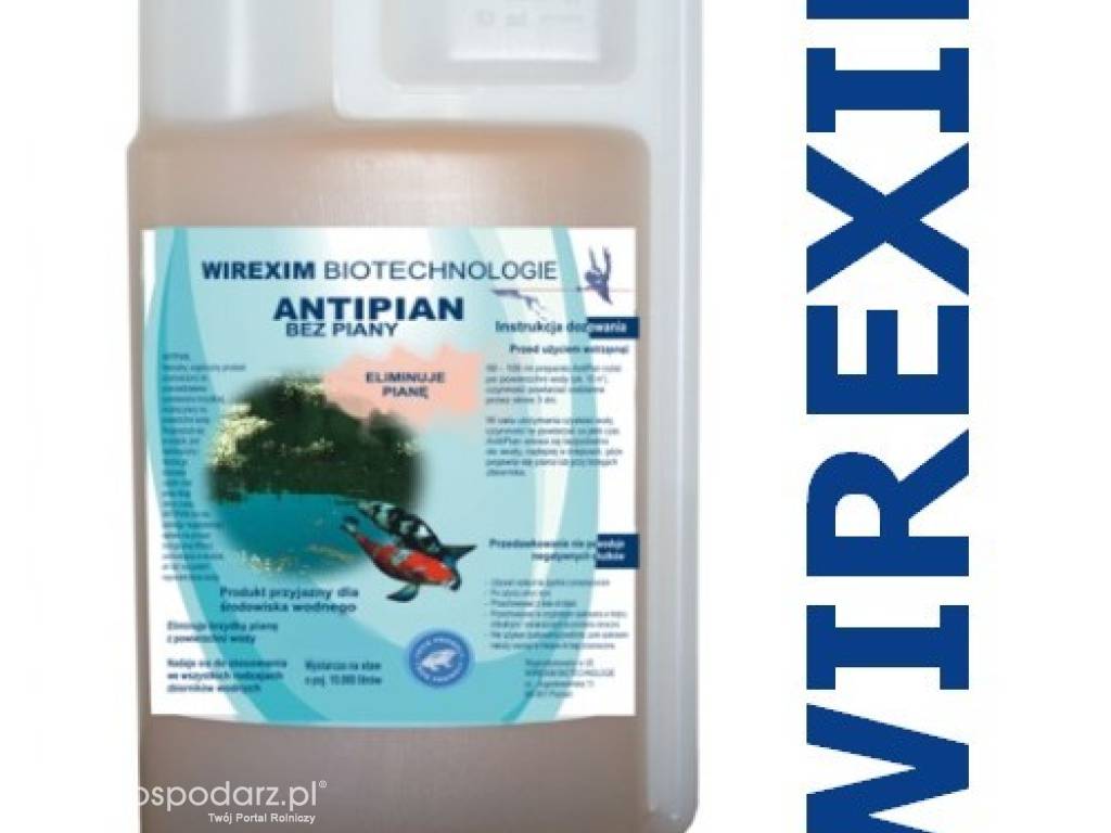 Płyn do eliminowania piany z wody WIREXIM BIOTECHNOLOGIE Antipian-5 pojemność: 5 l., usuwanie brudnej piany z powierzchni wody