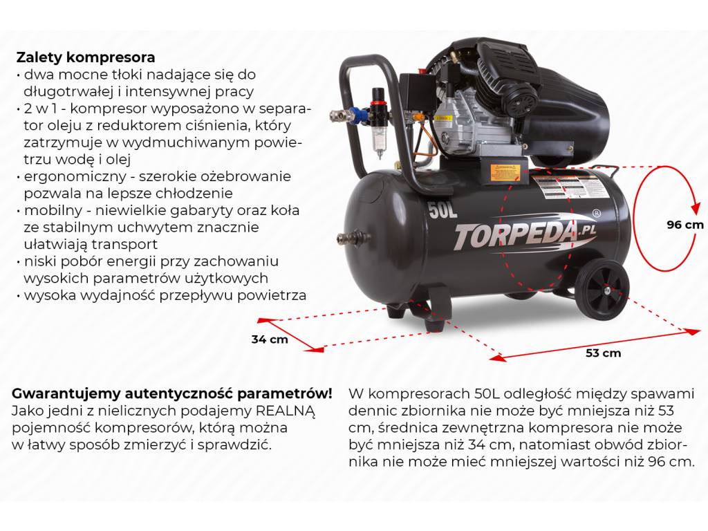 SPRĘŻARKA KOMPRESOR DWUTŁOKOWY OLEJOWY 2,2KW 50L 10BAR TORPEDA 4