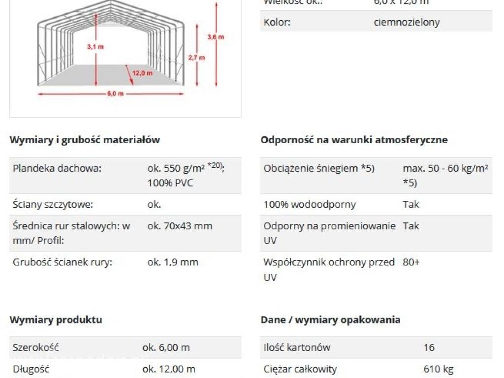 6x12m Hala namiotowa -2,7 m wysokość ś. bocznych z 4,1x2,9m, PVC 5