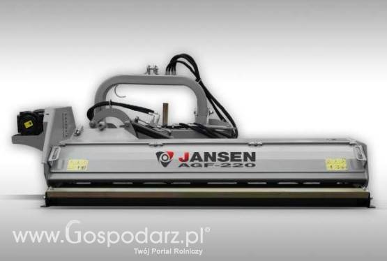 JANSEN AGF-220: SPECJALISTYCZNA KOSIARKA  BIJAKOWA TYLNO-BOCZNA Z UNOSZONĄ POKRYWĄ: szerokość robocza 220cm. Uzbrojenie bijak łopatka 1200g