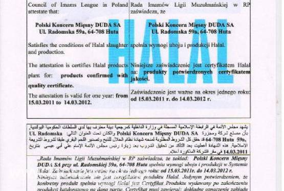 PKM DUDA S.A. z certyfikatem uboju HALAL