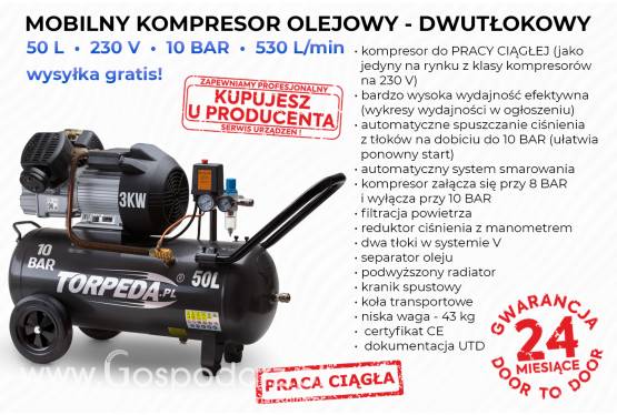 KOMPRESOR OLEJOWU DWUTŁOKOWT 3KW 50L 10BAR PRZEZNACZONY DO PRACY CIĄGŁEJ