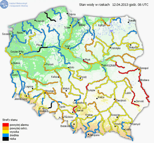 Stany wód na rzekach w Polsce w dniu 12 kwietnia 2013 roku