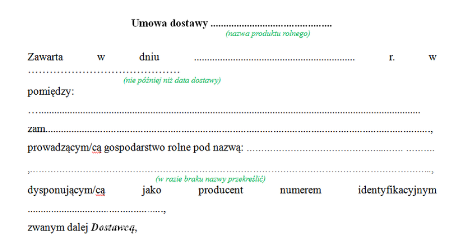 Wzór umowy na dostawę produktów rolnych